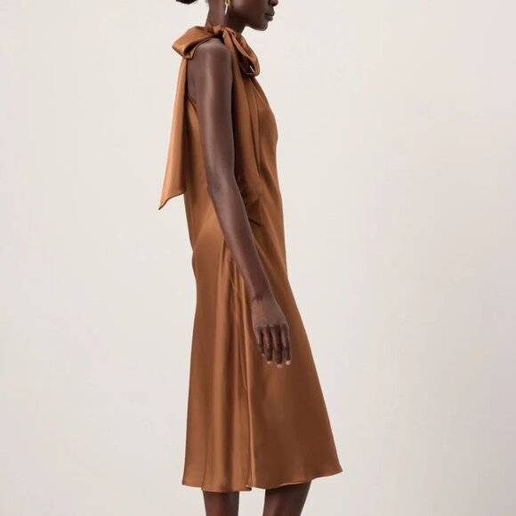 Lauren Ralph Lauren Brown Silk Tie Neck Dress Satin charmeuse brings a lustrous - Picture 2 of 11